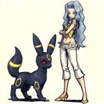 blue_hair bottomwear clothing duo female feral hair long_hair markings pants quadruped ring_(marking) ringed_tail simple_background size_difference striped_markings striped_tail stripes tail tail_markings white_background may_dog nintendo pokemon eeveelution generation_2_pokemon human mammal pokemon_(species) umbreon 1:1 low_res