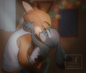anthro bottomwear christmas_decorations christmas_lights clothed clothing duo eye_contact female fully_clothed fur grey_body grey_fur half-closed_eyes holidays hug logo looking_at_another male male/female narrowed_eyes orange_body orange_fur romantic romantic_ambiance romantic_couple shirt shorts smile standing tail tank_top text topwear bubblecop christmas disney zootopia judy_hopps nick_wilde canid canine european_rabbit fox lagomorph leporid mammal oryctolagus rabbit red_fox true_fox artist_logo artist_name digital_media_(artwork) hi_res