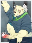 anthro balls belly blush bodily_fluids duo erection eyebrows eyewear fur genital_fluids genitals glasses glory_hole male male/male one_eye_closed oral overweight penis precum thick_eyebrows vein veiny_penis white_body white_fur wink 96panda lifewonders tokyo_afterschool_summoners alp_(tas) leib_(tas) bear mammal polar_bear ursine hi_res