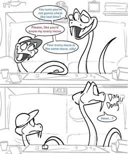 board_game container cup doorbell duo fangs feral limbless limbless_vertebrate male missing_fang picture_frame playing teeth wearing_hat tet_40 disney zootopia gary's_brother_(zootopia) gary_de'snake pit_viper reptile scalie snake viper comic hi_res monochrome