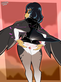 anus beak big_butt black_hair blue_eyes butt clothed clothed_female clothing feathers female gaping gaping_anus grey_body grey_feathers hair looking_at_viewer low-angle_view rear_view solo spread_anus spread_butt spreading thick_thighs topwear wide_hips amazinggwen one_piece nico_robin avian bird 2025 3:4 absurd_res digital_drawing_(artwork) digital_media_(artwork) hi_res