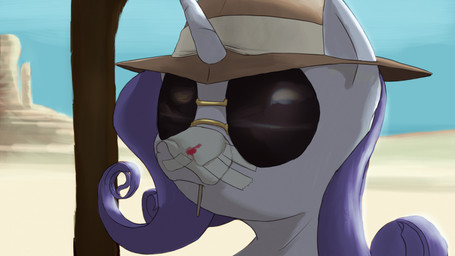 bandage blood bodily_fluids clothing desert eyewear fedora female feral hat headgear headwear horn parody solo sunglasses aaronmk chinatown_(movie) friendship_is_magic hasbro my_little_pony mythology j._j._gittes rarity_(mlp) equid equine mammal mythological_creature mythological_equine unicorn 2015 hi_res