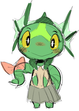 accessory anthro blush bottomwear bow_(feature) bow_accessory bow_ribbon clothed clothing female furgonomics green_body looking_at_viewer ribbons simple_background skirt smile solo standing tail tail_accessory tail_bow tail_ribbon white_background yellow_eyes doneru 2015 colored_sketch full-length_portrait portrait sketch