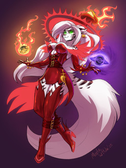 armwear belt black_stripes bone boots bracelet breasts cat_skull clothed clothing ear_piercing ear_ring elbow_gloves elemental_manipulation female fire fire_manipulation food footwear fruit fur gloves glowing glowing_eyes green_eyes hair handwear hat headgear headwear high_heeled_boots high_heels holidays jewelry legwear magic magic_user orb piercing plant pumpkin red_outfit ring_piercing shoes skull smile smirk solo striped_body striped_fur stripes tail thigh_boots thigh_highs white_body white_fur white_hair witch_hat maple_wilde halloween estella_(zummeng) felid feline felis mammal pantherine tiger absurd_res hi_res