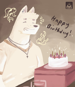 anthro birthday_cake cake clothing cross cross_necklace dessert ear_piercing eyebrow_slit eyebrows eyes_closed food fur happy_birthday head_tuft jewelry male necklace piercing shirt simple_background smile snout solo sparkler text thick_eyebrows topwear tuft whisker_spots white_body white_fur w0lfi unnamed_character canid canine mammal bust_portrait digital_media_(artwork) digital_painting_(artwork) painting_(artwork) portrait