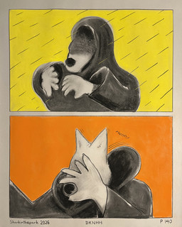 5_fingers ambiguous_gender border covering covering_face fingers hidden_face hooded_cloak orange_background simple_background solo sound_effects wind wind_lines yellow_background sharkinthepark canid canine mammal 2026 4:5 absurd_res charcoal_(artwork) comic hi_res pastel_(artwork) traditional_media_(artwork)