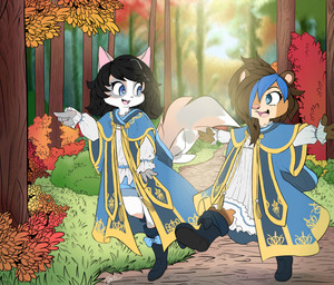 ambiguous_gender anthro arms_out biped black_boots black_clothing black_footwear black_hair blue_clothing blue_eyes blue_highlights boots bottomwear bow_accessory brown_body brown_hair claws clothed clothing duo eyebrows fluffy fluffy_tail footwear forest gesture grass grey_body hair hair_over_eye hand_gesture highlights_(coloring) long_hair looking_at_another one_eye_obstructed open_mouth open_smile outside pink_nose plant pointing robe shoes shorts shrub smile tail teeth tongue tree walking white_clothing young young_anthro galo domestic_cat felid feline felis mammal mustelid otter 2023 absurd_res hi_res