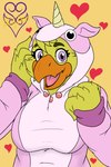 beak clothing costume feathers fingers heart_symbol horn kigurumi looking_at_viewer onesie open_beak open_mouth purple_eyes tongue unicorn_costume unicorn_horn yellow_body yellow_feathers yellow_skin thevgbear five_nights_at_freddy's scottgames chica_(fnaf) chica_(thevgbear) avian bird chicken galliform gallus_(genus) phasianid 2020 2:3 digital_media_(artwork)