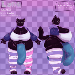 anthro areola big_areola big_breasts big_bulge big_butt black_body black_fur breasts bulge butt checkered checkered_background clothed_gynomorph clothed_intersex clothing collar detailed_bulge ear_piercing fur genital_outline gynomorph huge_breasts huge_bulge huge_butt hyper hyper_bulge intersex legwear mature_gynomorph mature_intersex overweight overweight_gynomorph overweight_intersex pattern_background pattern_clothing pattern_legwear penis_outline piercing simple_background simple_eyes solo standing striped_clothing striped_legwear stripes thick_calves thick_thighs toeless_legwear chonkydemon luna_(thecoolcatt) felid feline mammal 1:1 hi_res model_sheet