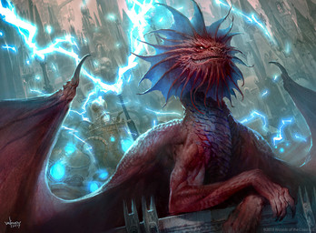 antenna_wire building city claws electricity feral finger_claws lightning male membrane_(anatomy) membranous_wings outside red_body red_scales scales sharp_teeth sitting smile smirk solo teeth window wings svetlin_velinov hasbro magic:_the_gathering mythology wizards_of_the_coast niv-mizzet dragon mythological_creature mythological_scalie scalie 2017 official_art shaded