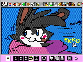 ambiguous_gender anthro art_program_in_frame blue_background blush fur hair long_ears looking_at_viewer multicolored_body multicolored_fur scarf screencap simple_background solo text tongue tongue_out rodricoro mario_paint mime_(ekkokenight) lagomorph mammal digital_media_(artwork) dithering headshot_portrait mario_paint_(artwork) portrait