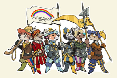 anthro belt belt_buckle belt_pouch buckle clothing ears_up eyes_closed flag flag_(object) fur group gun hair hat headgear headwear horn looking_aside looking_at_another male medieval melee_weapon open_mouth polearm ranged_weapon spear teeth teeth_showing tongue weapon mawkvlt 3:2