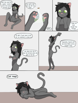 anthro biped black_body black_border black_fur black_hair border breasts curled_up eyes_closed featureless_breasts female female_anthro flask front_view fur genitals green_eyes green_pupils hair inside looking_at_own_hands navel nude nude_anthro nude_female open_mouth pawpads pink_inner_ear pink_nose pink_pawpads potion pupils side_view sitting sitting_on_ground sleeping smile solo speech_bubble spread_legs spreading stretching tail text vulva walking whiskers frankenjade domestic_cat felid feline felis mammal 2019 absurd_res colored comic english_text hi_res