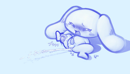 anthro balls blush bodily_fluids buttplug buttplug_pull_out cum erection genital_fluids genitals leaking_anus leaking_cum long_ears lying male on_back open_mouth penis plug_(sex_toy) sex_toy solo spread_legs spreading text sz cinnamoroll sanrio cinnamon_(cinnamoroll) canid canine canis domestic_dog mammal 2024 blue_and_white hi_res japanese_text monochrome