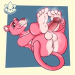 anthro anus balls big_butt blue_background bodily_fluids butt erection feet foot_focus fur genitals humanoid_feet humanoid_genitalia humanoid_penis legs_up looking_at_viewer lying male musk musk_clouds on_back penis pink_body pink_fur plantigrade presenting presenting_penis simple_background smile soles solo spread_legs spreading sweat whiskers tabyhyen4_(artist) pink_panther_(series) pink_panther felid mammal pantherine 1:1 2023 hi_res