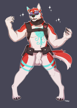 4_toes 5_fingers animal_genitalia anthro backpack balls belt belt_pouch biped black_claws black_nose black_pawpads blue_body blue_fur blue_markings claws cosplay detached_sheath digitigrade eyewear feet fingers fully_sheathed fur genitals grey_background harness male markings mostly_nude multicolored_body multicolored_fur navel open_mouth pawpads pose red_body red_fur sheath simple_background solo sparkles standing sunglasses toe_claws toes white_body white_fur huffpup kill_la_kill studio_trigger ira_gamagori tsukunertov canid canine mammal 2016 letterbox