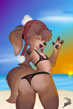 5_fingers anthro arm_tattoo beach bikini brown_body brown_fur clothed clothing crossdressing femboy fingers fur hair hat headgear headwear male ponytail solo sunset swimwear tattoo two-piece_swimsuit themidnightsnak soren_(themidnightsnak) border_collie canid canine canis collie domestic_dog herding_dog mammal pastoral_dog sheepdog 2:3 hi_res