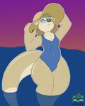 anthro blue_eyes breasts brown_body brown_fur brown_hair clothing eyewear female freckled_chest freckled_shoulders freckles fur glasses hair hat headgear headwear long_hair long_tail one-piece_swimsuit small_breasts solo sun_hat swimwear tail thick_tail thick_thighs water whiskers wide_hips sudsypup penny_(sudsypup) mammal mustelid otter river_otter 2021 4:5 absurd_res digital_drawing_(artwork) digital_media_(artwork) hi_res