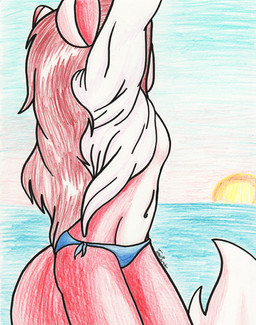 anthro bikini breasts clothing female fur hair red_body red_fur red_hair shirt side_boob solo sunset swimwear tail tight_clothing topwear two-piece_swimsuit undressing terdburgler linda_wright canid canine felid fox hybrid mammal traditional_media_(artwork)