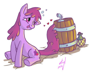 alcohol barrel beverage bottle container cutie_mark drinking drunk female feral hair heart_symbol hooves jug keg purple_hair quadruped simple_background sitting solo substance_intoxication tail white_background atryl friendship_is_magic hasbro my_little_pony berry_punch_(mlp) earth_pony equid equine horse mammal pony 2012 digital_media_(artwork)