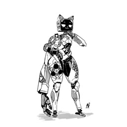 :3 anthro asymmetrical_arms big_arm drawing_on_body exclamation_point female for_a_head geometric_markings joints machine screen screen_face simple_background solo thick_thighs aphelion_host voices_of_the_void kerfur_omega_(votv) domestic_cat felid feline felis mammal monitor_head robot robot_anthro 1:1 2025 digital_media_(artwork) full-length_portrait hi_res monochrome portrait signature