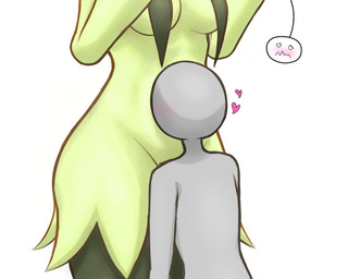 ambiguous_gender ambiguous_human anthro anthrofied belly belly_squish biped blush breast_curtains breasts clothing duo embarrassed face_on_belly faceless_anthro faceless_character faceless_female female female_anthro fur green_body green_fur heart_symbol medium_breasts pokemorph simple_background squish standing text thick_thighs white_background additionalespeon333 nintendo pokemon felid feline generation_9_pokemon human mammal meowscarada pokemon_(species) 2026 absurd_res artist_name colored digital_drawing_(artwork) digital_media_(artwork) hi_res shaded