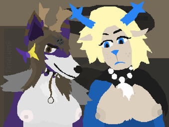 accessory anthro antlers big_breasts black_nose blonde_hair blue_eyes blue_lips blue_nose bow_ribbon breasts brown_body brown_eyes brown_fur brown_hair brown_stripes choker clothed clothing ear_stripes female fur hair hair_accessory hair_bow hair_ribbon horn intersex intersex/female jewelry lips makeup necklace partially_clothed ribbons simple_background snout spiked_choker staring_at_chest stripes white_body white_fur timelierg deltarune undertale_(series) carol_holiday timelierg_(timelierg) canid canine deer fox hybrid mammal new_world_deer digital_media_(artwork) pixel_(artwork) herm_(lore)