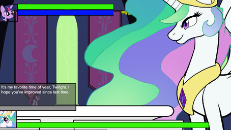 boss boss_fight duo female feral fight gui horn larger_female macro size_difference smaller_female sparkles text wings friendship_is_magic hasbro my_little_pony mythology princess_celestia_(mlp) twilight_sparkle_(mlp) equid equine horse mammal mythological_creature mythological_equine pony unicorn winged_unicorn english_text hi_res