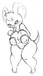 anthro big_breasts bikini blush breasts clothed clothing curvy_figure female gesture hand_gesture pointing shy simple_background skimpy solo standing swimwear thick_thighs touching_breasts two-piece_swimsuit voluptuous wide_hips roy_mccloud breadmouse mammal mouse murid murine rodent black_and_white monochrome sketch