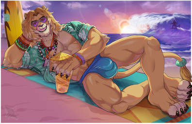accessory anthro beach bottomwear bulge claws clothing detailed_bulge eyewear fur furgonomics hair jewelry licking licking_lips looking_at_viewer male male_anthro necklace shirt shorts solo sunglasses tail tail_accessory tailband toe_claws tongue tongue_out topwear wave xenonnero epic_games fortnite kingston_(fortnite) felid lion mammal pantherine hi_res