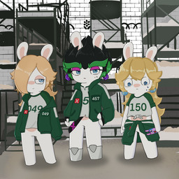amethyst_(gem) anthro black_hair blue_ear_piercing blue_eyes bodily_fluids boots bottomless bottomless_anthro bottomless_female brick brick_wall cellphone closed_frown clothed clothed_anthro clothed_female clothing ear_piercing electronics eyebrows featureless_crotch female female_anthro flat_chested footwear frown fur gem green_clothing green_eyebrows green_hair green_jacket green_topwear grey_boots grey_clothing grey_footwear grey_shirt grey_topwear group hair hair_over_eye half-closed_eyes hand_on_hip hand_on_own_hip holding_cellphone holding_object holding_phone inside jacket jacket_around_waist larger_anthro larger_female light long_ears long_hair looking_at_another looking_at_viewer midriff mouth_closed multicolored_body multicolored_clothing multicolored_hair multicolored_shirt multicolored_topwear narrowed_eyes no_eyebrows noseless number_on_shirt open_clothing open_jacket open_topwear phone piercing pupils purple_ear_piercing purple_eyelids shelf shirt shoes short_hair size_difference smaller_anthro smaller_female spiky_hair standing star_ear_piercing sweat sweatdrop tan_body tan_inner_ear tan_skin thick_eyebrows tied_shirt topwear torn_clothing torn_shirt torn_topwear trio two_tone_body two_tone_clothing two_tone_hair two_tone_shirt two_tone_topwear wall_(structure) white_body white_fur white_pupils wide_eyed worried_look peypey_mei1925 mario_bros mario_plus_rabbids_kingdom_battle mario_plus_rabbids_sparks_of_hope nintendo raving_rabbids rayman_(series) squid_game ubisoft edge_(mario_plus_rabbids) rabbid_peach rabbid_rosalina lagomorph mammal rabbid 1:1 2025 colored crossover digital_drawing_(artwork) digital_media_(artwork) hi_res lighting shaded