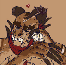 2_heads anthro big_claws black_eyes broken_horn brown_body brown_fur brown_horn brown_scales claws clothing domestic_pet duo eyes_closed fangs feral fur heart_symbol horn horn_jewelry horn_ring jewelry kerchief larger_male male multi_head multicolored_body multicolored_fur multicolored_scales petting ring_(jewelry) scales simple_background size_difference tan_background tan_body tan_scales teeth two_tone_body two_tone_fur white_body white_fur goonandthegallows fallout microsoft caviid deathclaw guinea_pig mammal rodent scalie 2016 bust_portrait digital_media_(artwork) portrait