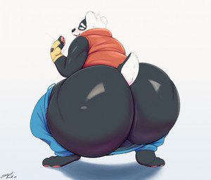 anthro big_butt biped black_body black_nose blush bottomwear bottomwear_down butt clothed clothing crouching male pants pants_down partially_clothed simple_background solo topwear white_body brick_break_after_dark bradley_the_badger bradley_(bradley_the_badger) badger mammal mustelid musteline 2025 hi_res