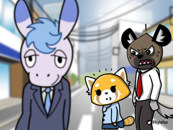 angry anthro black_body black_clothing black_eyes black_fur black_nose black_tie_(suit) blue_clothing blue_hair blue_sky brown_body brown_fur brown_tail building city clothed clothing depth_of_field eyebrows eyelashes female fluffy fluffy_tail fur grey_body grey_fur grey_tail group hair half-closed_eyes humor japan jealous looking_aside looking_at_another male multicolored_body multicolored_fur multicolored_tail narrowed_eyes necktie orange_body orange_fur orange_tail outside parody pointy_ears prick_ears short_hair sky smile standing suit tail toony urban white_body white_clothing white_fur poker_(artist) aggretsuko distracted_boyfriend sanrio haida_(aggretsuko) retsuko tadano_(aggretsuko) ailurid asinus donkey equid equine hyena mammal red_panda spotted_hyena 2019 4:3 digital_media_(artwork) hi_res meme