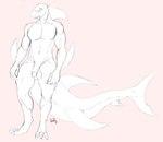 anthro arm_fins balls big_tail blush claws digitigrade embarrassed fin fish_tail front_view genitals head_fin huge_tail humanoid_genitalia humanoid_penis long_tail looking_aside male nude_anthro nude_male penis simple_background solo standing tail tail_fin thick_tail white_background mcdoogiy fish marine shark 2023 absurd_res digital_drawing_(artwork) digital_media_(artwork) full-length_portrait hi_res partially_colored portrait signature sketch