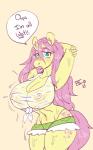 anthro areola big_breasts bimbofication breasts clothing dialogue female huge_breasts intelligence_loss nipples solo text translucent translucent_clothing wet wet_clothing scarfyace friendship_is_magic hasbro my_little_pony fluttershy_(mlp) equid equine mammal 5:8 english_text hi_res