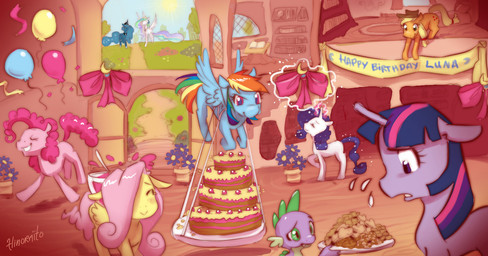 anthro balloon banner birthday blonde_hair blue_body blue_feathers blue_fur blue_hair bodily_fluids book bow_(decoration) bow_(feature) cake clothing cookie cutie_mark decorated_bow decoration dessert detailed_background eyes_closed feathered_wings feathers female feral flower flying food fur green_eyes green_hair group hair happy_birthday hat headgear headwear heart_symbol horn inflatable long_hair magic male multicolored_hair orange_body orange_fur party path pink_body pink_fur pink_hair plant plate princess punch purple_body purple_eyes purple_fur purple_hair quadruped rainbow_hair ribbons royalty scenery sun sweat tail text tree two_tone_hair white_body white_fur wings wood yellow_body yellow_feathers yellow_fur young young_anthro hinoraito friendship_is_magic hasbro my_little_pony mythology applejack_(mlp) fluttershy_(mlp) pinkie_pie_(mlp) princess_celestia_(mlp) princess_luna_(mlp) rainbow_dash_(mlp) rarity_(mlp) spike_(mlp) twilight_sparkle_(mlp) dragon earth_pony equid equine horse mammal mythological_creature mythological_equine mythological_scalie pegasus pony scalie unicorn 2012 english_text