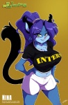 anthro big_breasts blue_body blue_fur bottomwear breasts cat_tail clothed clothing female fur green_eyes hair huge_breasts purple_hair shirt shorts solo tail topwear chalo las_lindas nina_(chalo) domestic_cat felid feline felis mammal 2012 digital_drawing_(artwork) digital_media_(artwork)