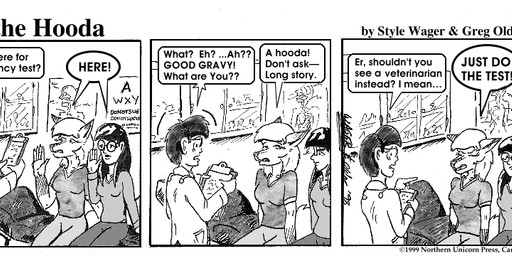 angry anthro breasts clipboard dialogue doctor's_office ears_back eyes_closed eyewear female glasses group male medical_instrument pivoted_ears scientific_instrument stethoscope text trio style_wager dela_the_hooda dela_aldershaw sue_chan_(dela_the_hooda) canid canine fox hooda human mammal 1999 comic english_text monochrome