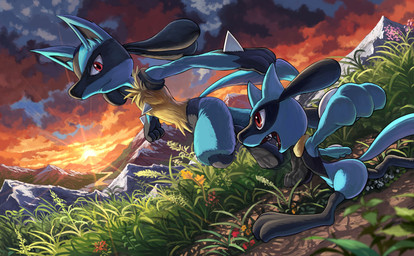 ambiguous_gender anthro cloud detailed_background duo eye_contact flower fur grass looking_at_another mountain open_mouth plant red_eyes running sky smile sun sunset teeth karamimame nintendo pokemon generation_4_pokemon lucario pokemon_(species) riolu