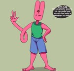 3_toes 4_fingers anthro bottomwear clothing elastic eyes_closed feet fingers hair male pink_body red_hair shirt shorts solo text toes topwear jovi_cap jovi_cap_(oc) lagomorph leporid mammal rabbit english_text hi_res model_sheet