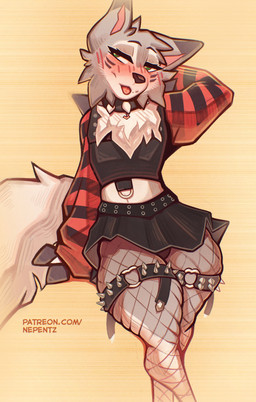 anthro biped black_nose blush bottomwear clothing eyebrows eyelashes femboy fishnet_clothing fur green_eyes grey_body grey_fur grey_tail male navel simple_background skirt solo spikes standing tail tongue topwear nepentz nintendo pokemon private_(twinkleroc) generation_7_pokemon lycanroc midday_lycanroc pokemon_(species) absurd_res hi_res