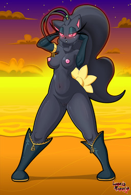 anthro areola armwear beach bedroom_eyes black_lipstick blush bodily_fluids boots breasts clothing dark_body elbow_gloves eyeshadow female footwear genital_fluids genitals gloves hair hands_behind_head handwear innie_vulva knee_boots knee_highs latex latex_boots latex_clothing latex_footwear latex_gloves latex_handwear legwear lipstick looking_at_viewer makeup mostly_nude narrowed_eyes navel nipples pink_areola pink_nipples pink_sclera pokemorph ponytail public public_exposure red_eyes seductive shoes solo standing sunset vaginal_fluids vulva zipper lunaris_parukia nintendo pokemon zippy_(lunaris_parukia) banette felid feline generation_3_pokemon mammal pokemon_(species) 2025 absurd_res digital_media_(artwork) hi_res