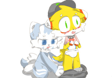 anthro blush bottomwear clothed clothing diaper duo fur male male/male open_mouth pants semi-anthro simple_background wearing_diaper yellow_body yellow_fur unknown_artist canid canine mammal digital_media_(artwork) hi_res