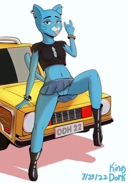 4_fingers anthro blue_body blue_fur boots bottomless bottomwear bracelet breasts car clothed clothing ear_piercing ear_ring female fingers footwear fur genitals jewelry looking_at_viewer mature_anthro mature_female midriff narrowed_eyes navel no_underwear piercing ring_piercing shoes simple_background skirt solo spiked_bracelet spikes tongue tongue_out topwear vehicle vulva kingdorkster cartoon_network cool_s the_amazing_world_of_gumball nicole_watterson domestic_cat felid feline felis mammal 2022 absurd_res dated digital_media_(artwork) full-length_portrait hi_res portrait signature