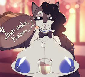 anthro big_breasts big_nipples blue_eyes blue_nipples bodily_fluids breasts clothing cosplay costume female huge_breasts hyper hyper_breasts lactating leaking_milk leaking_nipples milk neckline nipples offering_to_viewer solo waiter mvalen european_mythology irish_mythology mythology rivela_(rivetstheblue) dullahan felid hybrid mammal pantherine procyonid raccoon snow_leopard hi_res