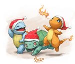 ambiguous_gender blue_eyes breath_powers christmas_clothing christmas_headwear claws clothing elemental_manipulation eyes_closed feet fire fire_breathing fire_manipulation group hat headgear headwear holidays open_mouth open_smile orange_eyes santa_hat shell simple_background smile starter_trio toes tongue butt-berry christmas nintendo pokemon bulbasaur charmander generation_1_pokemon pokemon_(species) squirtle 2020 hi_res signature