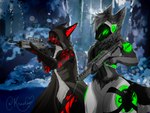 4_eyes anthro armor biped black_body black_fur black_hand black_hands body_hair breastplate c.a.m. chest_fur chest_hair chest_tuft clothing coat cybernetic_arm cybernetic_hand cybernetic_limb cybernetics digitigrade duo fingers fluffy fluffy_ears fluffy_hair fluffy_neck_fur fluffy_tail fur glowing glowing_body glowing_eyes green_body green_eyes grey_body grey_fur grey_hair gun hair machine male metal metallic_body military multi_eye neck_tuft prosthetic prosthetic_arm prosthetic_hand prosthetic_limb protogen_armor protogen_face protogen_visor protogenized ranged_weapon red_body red_fur robotic robotic_arm robotic_hand robotic_limb screen screen_face smile snow soldier special_forces tail tail_tuft topwear trenchcoat tuft warrior weapon kradee calvin_james yuri_chacal canid canine canis cyborg fox jackal mammal protogen digital_drawing_(artwork) digital_media_(artwork) hi_res