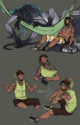 4_eyes clothed clothing digitigrade dreadlocks duo eyewear glasses hammock male multi_eye nude pawpads shirt sleeping tank_top tattoo topless topwear lurelin billy_mardess rachis alien human mammal hi_res