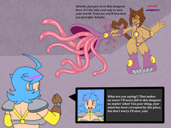 anthro armor aroused big_breasts biped blue_hair blush boob_armor breasts brown_hair clothing cursed cursed_clothing dialogue duo eyes_on_legs fantasy female gloves hair handwear heart_tail light_body melee_weapon one-piece_swimsuit pauldron reaction_shot sling_bikini smile swimwear sword tail tan_body tentacles text weapon lurking_tyger gameoverse glitch_productions kit_bodega animate_inanimate domestic_cat felid feline felis human living_clothing mammal colored english_text hi_res